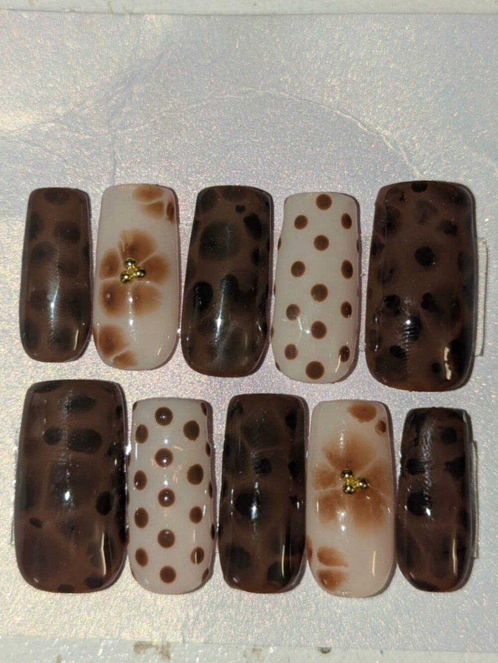 Brown & Cream Floral and Polka Dot Press-On Nail Set